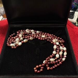 Freshwater Pearl Rope Necklace-LONG!  Burgundy -classic white baroque pearls